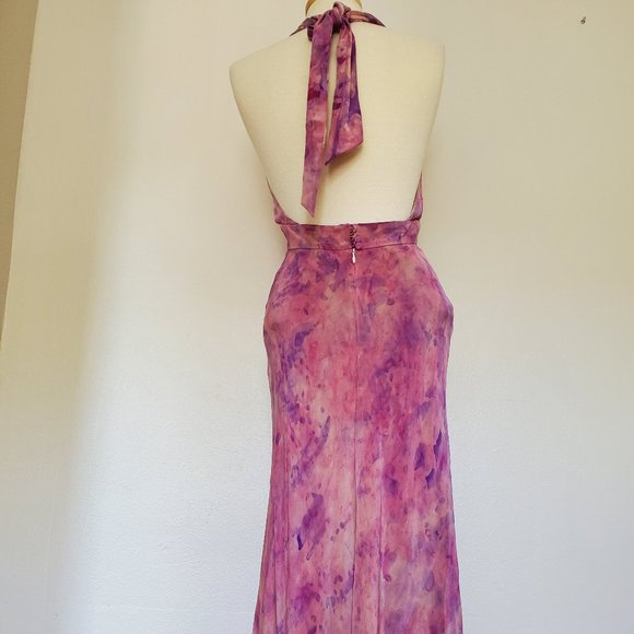 COPY - Silk Short midi halter Dress 6 8 10 bridesmaid party tiedyed painted pur… - Picture 6 of 16